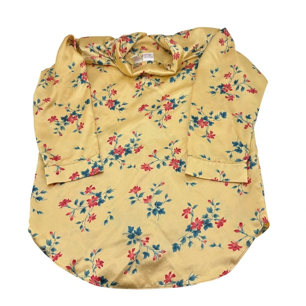 Romantic Moods Yellow Floral‎ Satin Sleep Shirt Button Front Nightgown Large